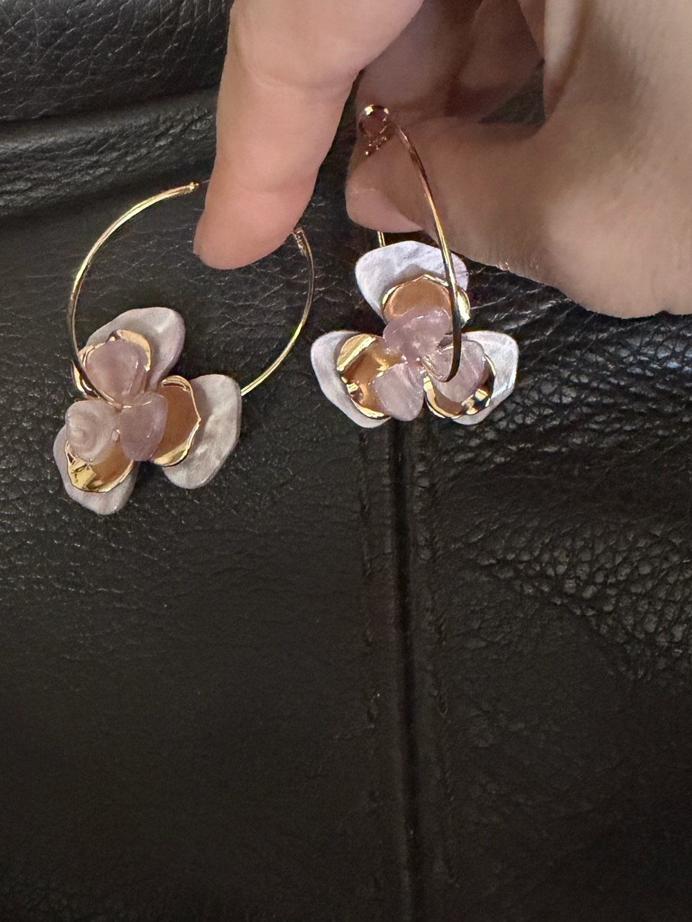 Gold Hoop Earrings with Lavender Floral Charms 3-layered Earrings - Picture 4 of 4